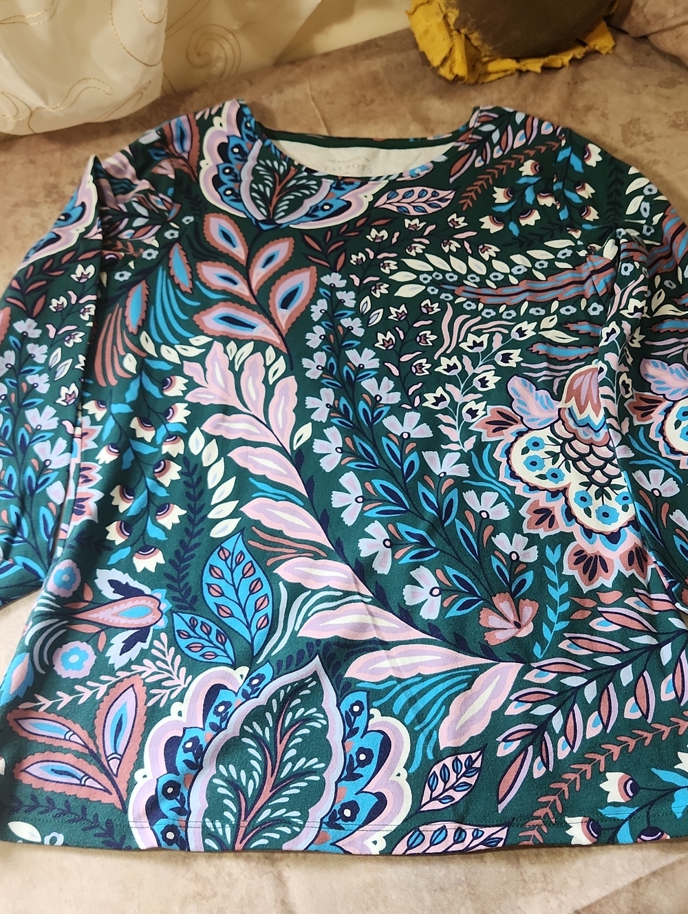 Talbots Teal Floral-Paisley Long Sleeve Top with Pink Accents